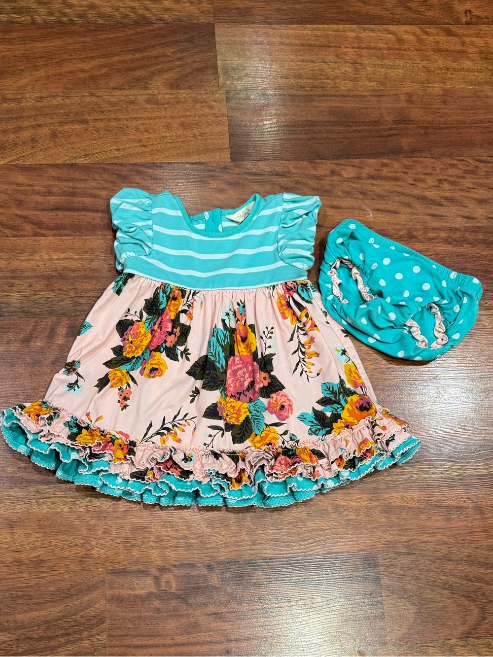 Matilda Jane - Pink Floral with Teal and White Polka Dot & Stripe Dress Set